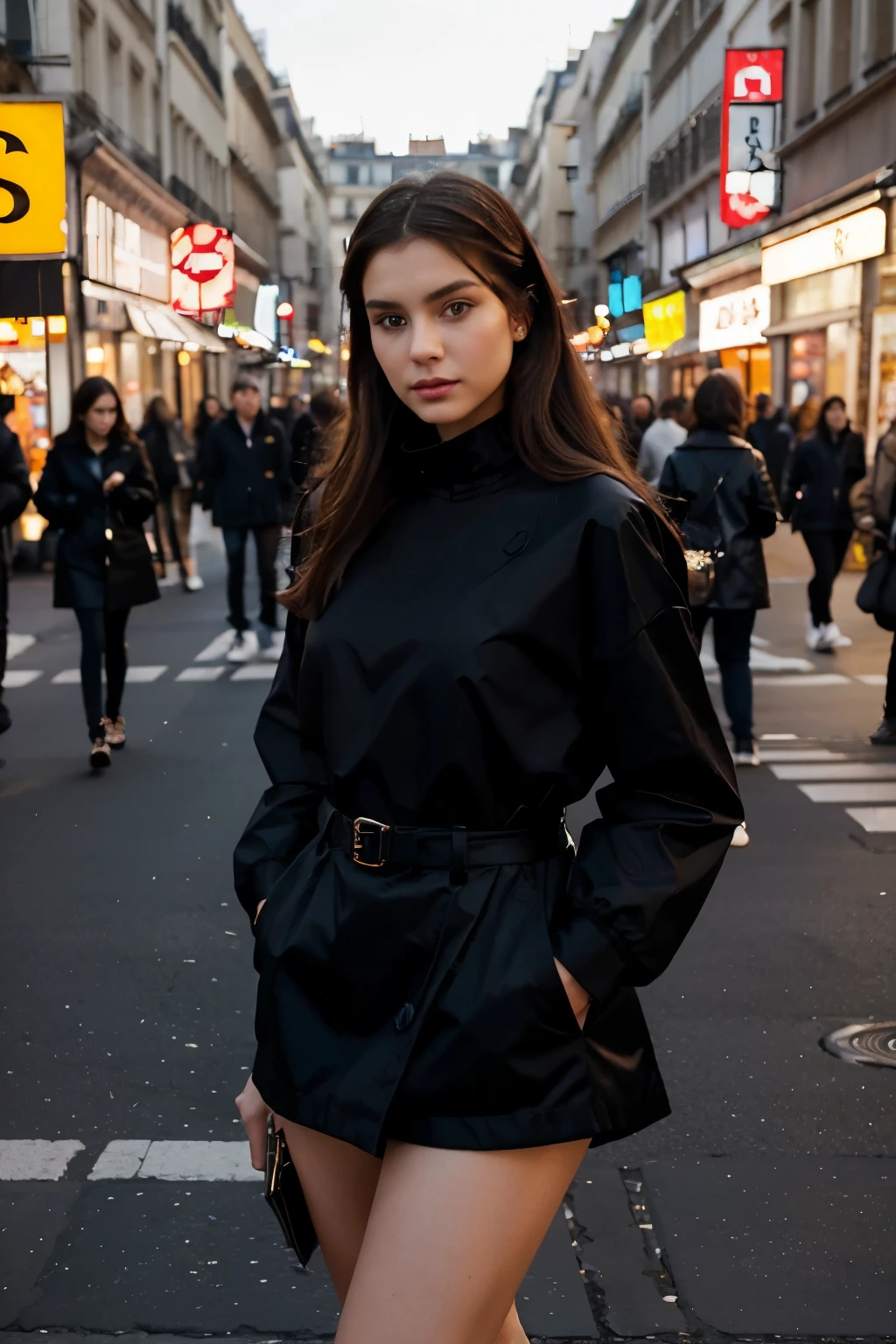 On the bustling streets of Paris, a beautiful woman showcases her sense of style in a contemporary outfit that embraces the latest fashion trends. Her confident posture and striking features come to life against the city lights. The ensemble, carefully curated to reflect her fashion-forward persona, harmonizes with her hazel eyes and dark brown hair, styled in accordance with the latest trends. Whether captured mid-stride or posing against the urban backdrop, she exudes a captivating allure that defines the fast-paced world of high fashion.