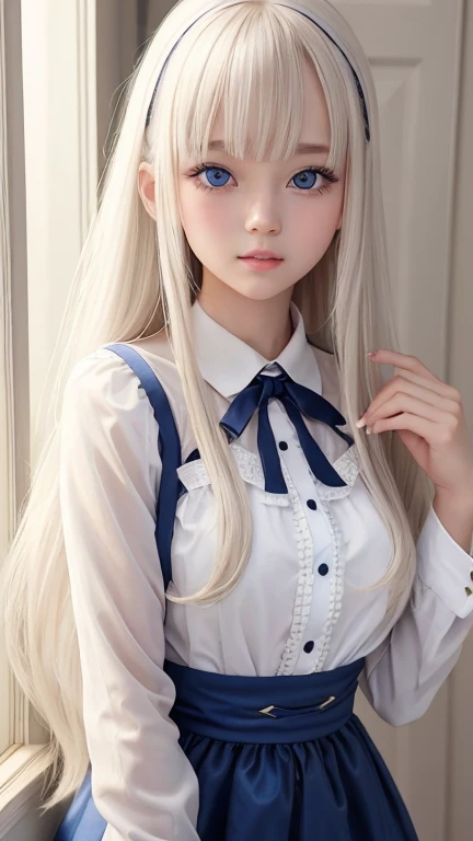 bright look、photorealism、highest quality、Super high resolution、picture、Photo of an exquisitely beautiful Scandinavian girl、extraordinary beautiful girl、cute and beautiful face details、(Pueros face_v1:0.008)、beautiful bangs、alice in wonderland、18-year-old、Shining white skin、hair run that extends to the face、bangs between the eyes、super long hair、Attractive light and dark platinum blonde super long straight silky hair、thin hair、Charming shining beautiful bright clear light blue big eyes、white apron、yellow dress、eyeliner、double eyelid、rich bust