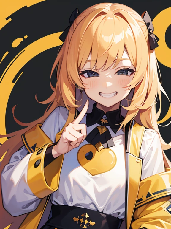 masterpiece, high quality, high resolution, absurd, super detailed, 8k,Girl, (point to your cheek with your index finger)、perfect number of fingers、upper body、smiley face, grinning