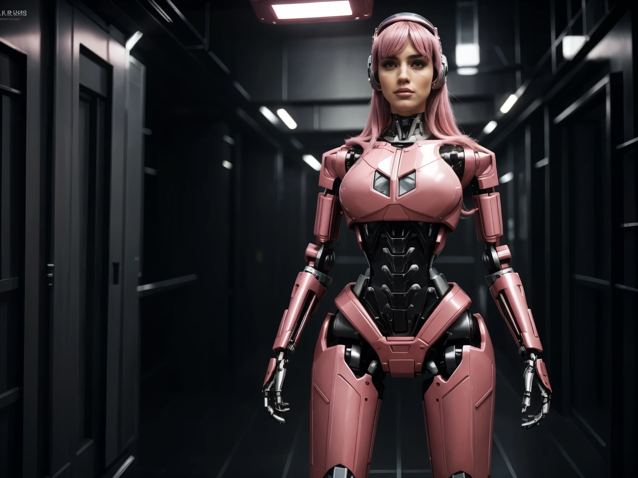 ana de armas as your cosplayer girlfriend, using a robot suit, larger breasts, ana de armas, silver suit, crhome shinny skin, mechanical joints, medium straight hair, pink pastel hair, blunt bangs , parted lips , mecha musume, futuristic headset, stand up, await comands position, condo corridor, window on the left side, elevator door on background, thicc body, small height