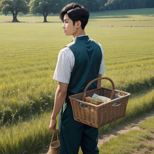 High resolution, Super detailed, masterpiece, highest quality,oriental、Thrift、boy working in the field、grassland、back basket、Front-facing、