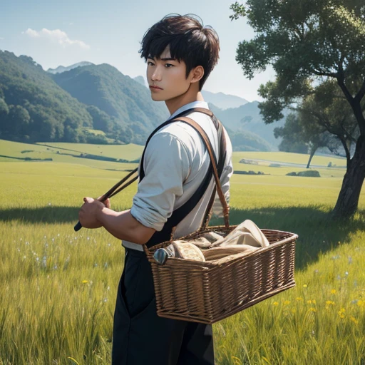 High resolution, Super detailed, masterpiece, highest quality,oriental、Thrift、boy working in the field、grassland、back basket、Front-facing、