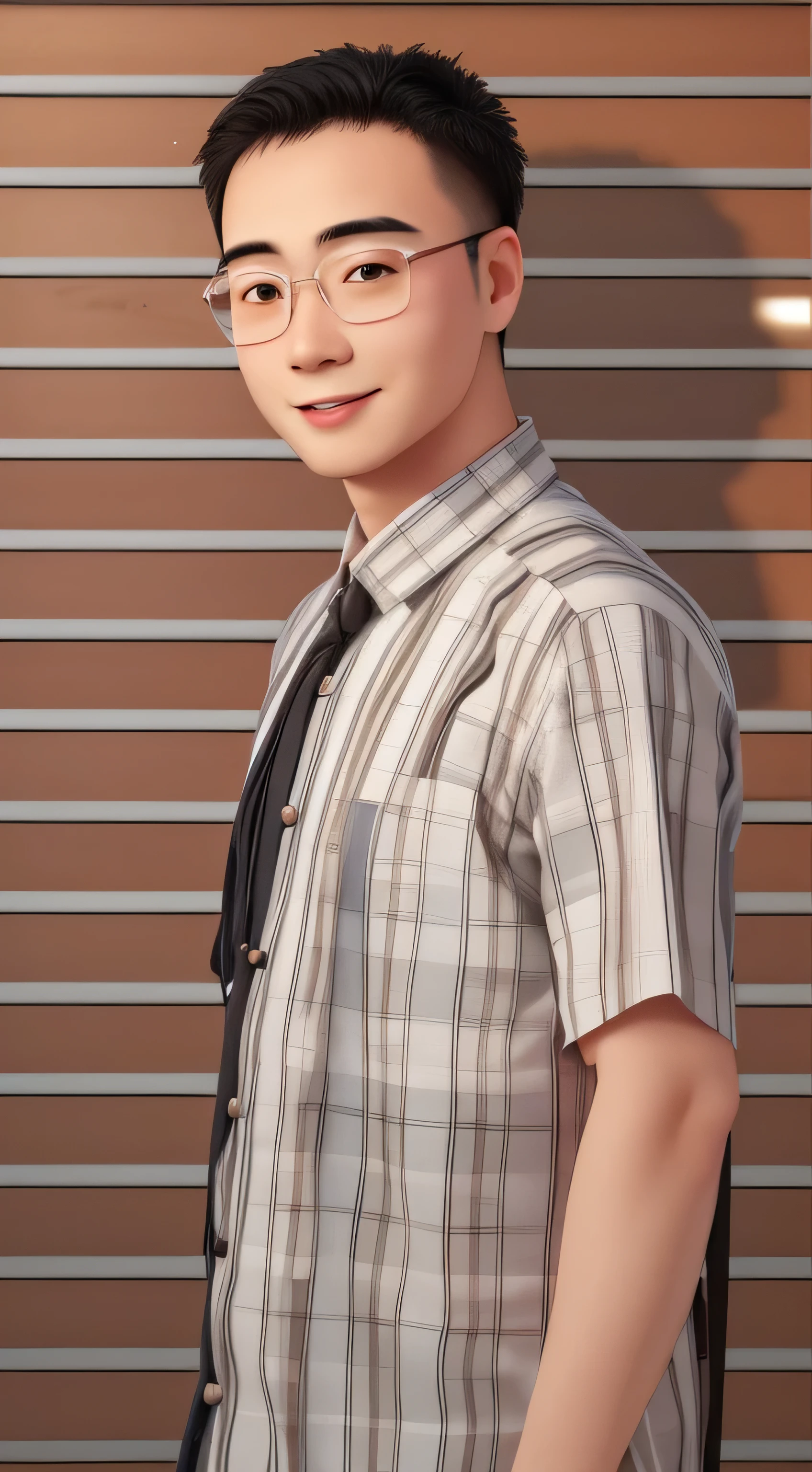 A 30-year-old Chinese male doctor with short black hair, face round, with a round face,attractive smile, and black eyes, Looking directly at