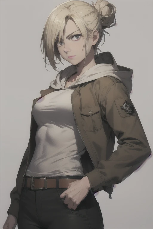 annie leonhardt, anime style beautiful woman, IFBB female bodybuilder, bodybuilder veins, visible defined abs with veins, 1girl, solo, long sleeves, closed mouth, jacket, open clothes, belt, pants, hood, grey background, hair bun, uniform, open jacket, hoodie, hood down, buckle, brown jacket, emblem, white hoodie, paradis military uniform, fighting pose, high kicking, wide shot, highest quality, high resolution.