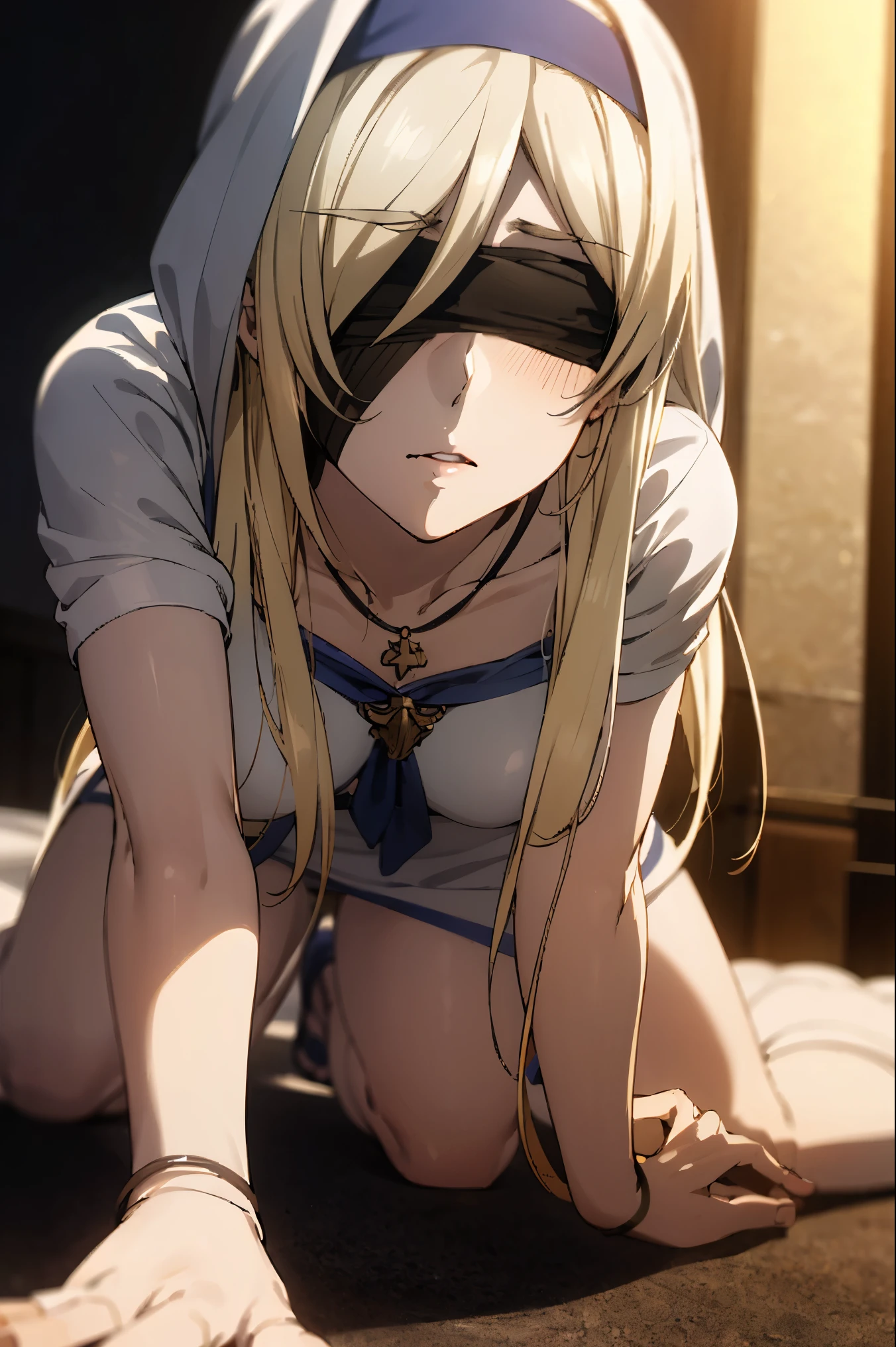 1girl,swordmaiden, sword maiden, long hair, blonde hair, blindfold, (black blindfold:1.2),
BREAK dress, necklace, white dress, sandals, habit,thighs ,white lace panties,
BREAK looking at viewer,all fours,clawing,
BREAK indoors, church,
BREAK (masterpiece:1.2), best quality, high resolution, unity 8k wallpaper, (illustration:0.8), (beautiful detailed eyes:1.6), extremely detailed face, perfect lighting, extremely detailed CG, (perfect hands, perfect anatomy),