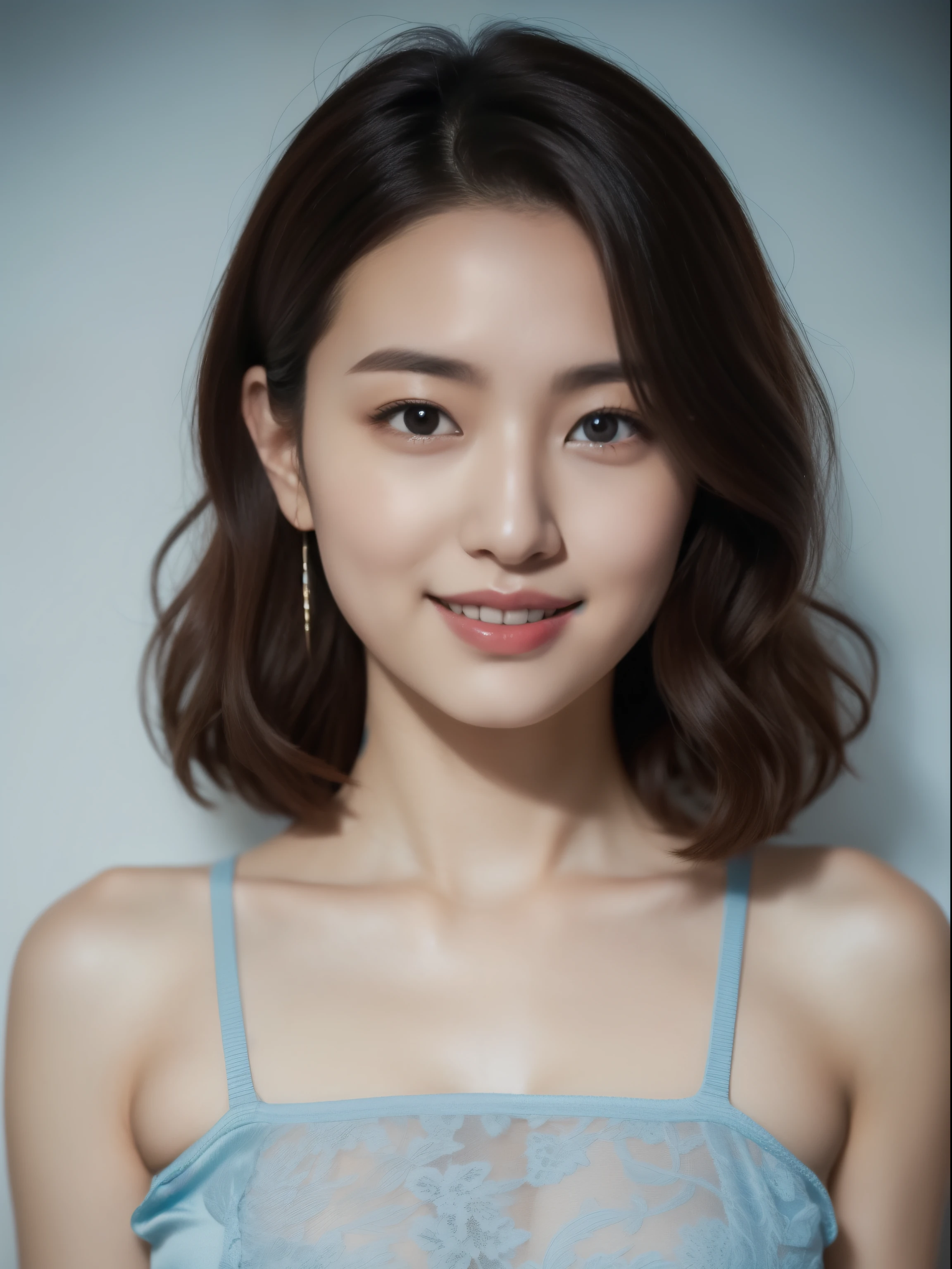 incredibly absurd, beautiful and cute 20-year-old Korean girl with a photorealistic face, showcasing top-quality craftsmanship. Her slender frame adorned with short, messy hair. The artwork high-resolution, allowing for ultra-detailed features to be captured flawlessly. The focus lies on the realistic pupils, showcasing depth and emotion. ((breasts out)) cute smile.