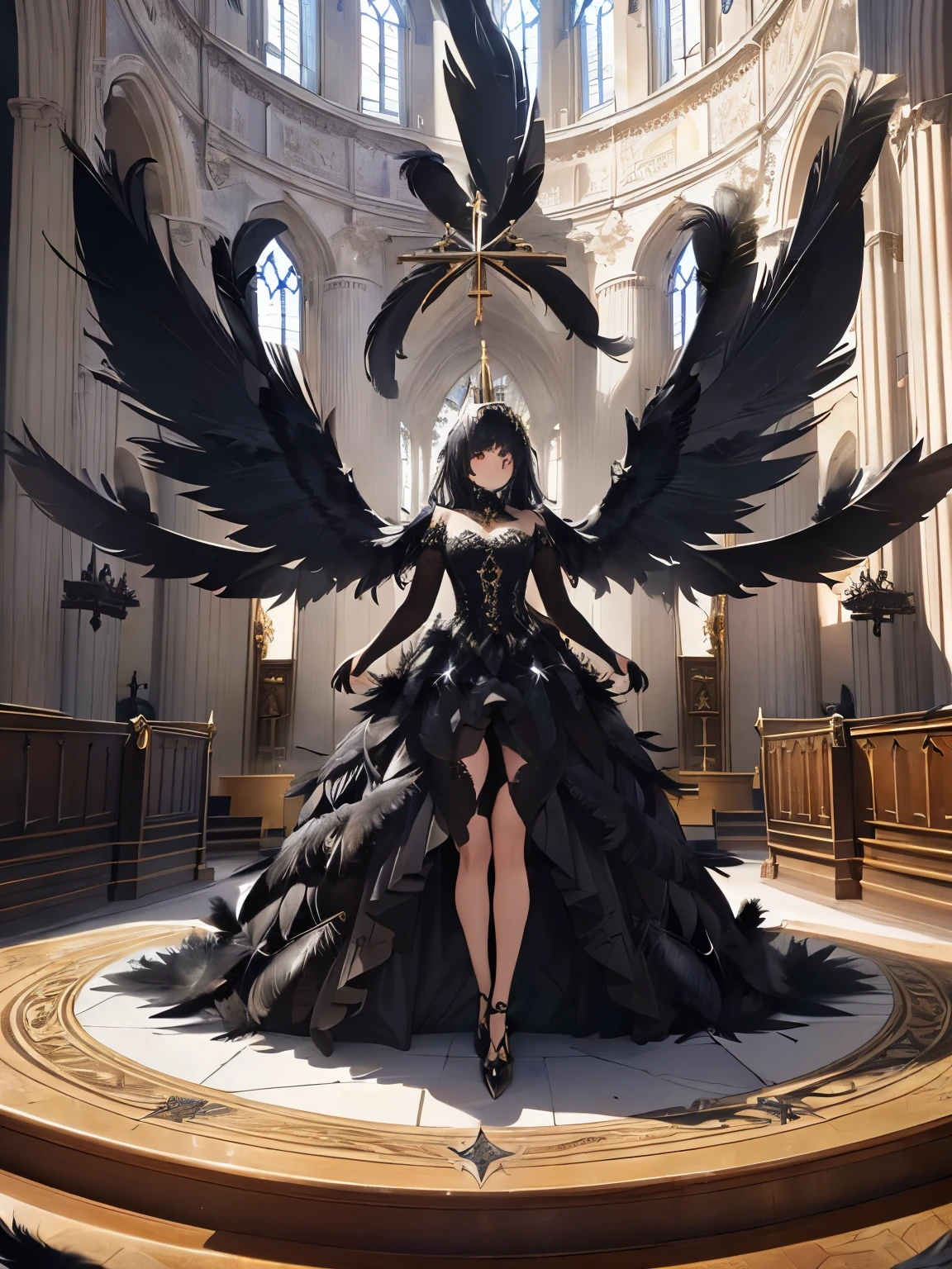 (fallen Angel),(A luxurious church with a majestic atmosphere:1.25),(A large amount of black feathers are flying:1.3),(Spread your wings and stand in the center:1.25)
