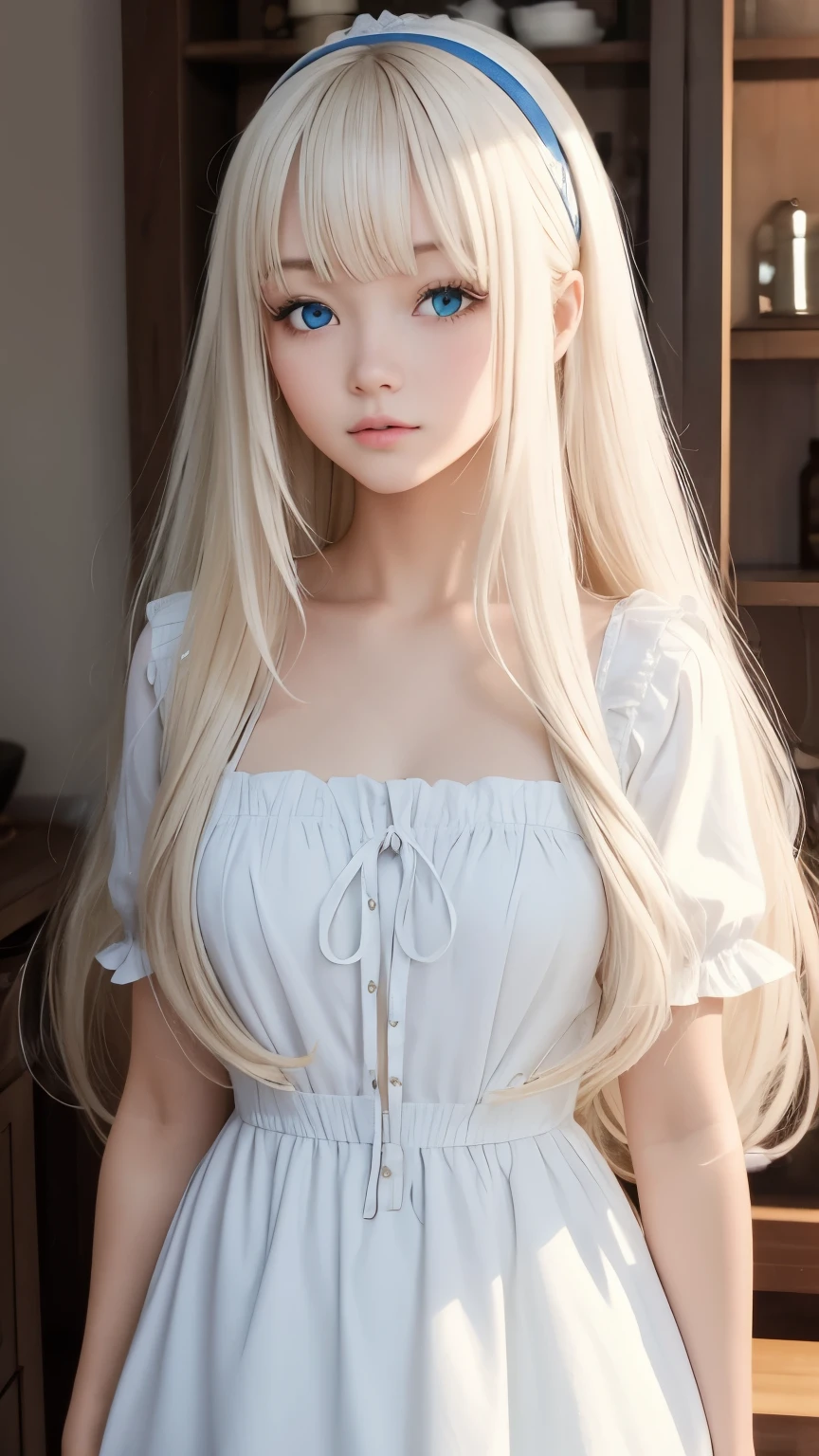 bright look、photorealism、highest quality、Super high resolution、picture、Photo of an exquisitely beautiful Scandinavian girl、extraordinary beautiful girl、cute and beautiful face details、(Pueros face_v1:0.008)、beautiful bangs、alice in wonderland、18-year-old、Shining white skin、hair run that extends to the face、bangs between the eyes、super long hair、Attractive light and dark platinum blonde super long straight silky hair、thin hair、Charming shining beautiful bright clear light blue big eyes、white apron、yellow dress、eyeliner、double eyelid、rich bust