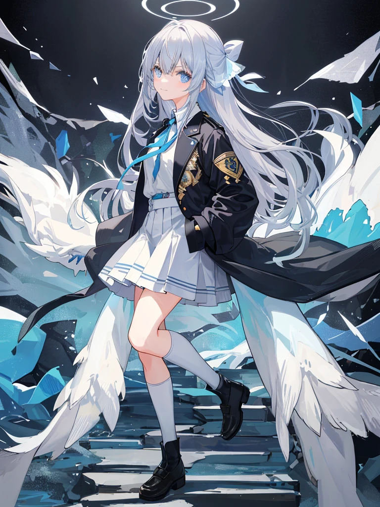 ((top-quality)), ((masterpiece)), ((ultra-detailliert)), (Extremely delicate and beautiful), girl with, 独奏, cold attitude,((Black jacket)),She is very(relax)with the(Settled down)Looks,A dark-haired, depth of fields,Evil smile,Bubble, under the water, Air bubble,bright light blue eyes,inner color with bright gray hair and light blue tips,,,,,,Cold background,Bob Hair - Linear Art, shortpants、knee high socks、White uniform like school uniform、Light blue ribbon ties、Clothes are sheer、Hands in pockets、Bright eyes like sapphire,Fronllesse Blue, A small blue light was floating、Upper Eyes、glass shards、Snowflake patterned eyes、Fantastic eyes