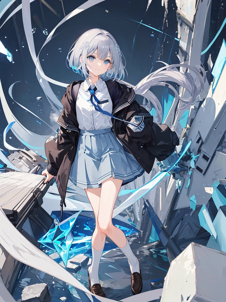 ((top-quality)), ((masterpiece)), ((ultra-detailliert)), (Extremely delicate and beautiful), girl with, 独奏, cold attitude,((Black jacket)),She is very(relax)with the(Settled down)Looks,A dark-haired, depth of fields,Evil smile,Bubble, under the water, Air bubble,bright light blue eyes,inner color with bright gray hair and light blue tips,,,,,,Cold background,Bob Hair - Linear Art, shortpants、knee high socks、White uniform like school uniform、Light blue ribbon ties、Clothes are sheer、Hands in pockets、Bright eyes like sapphire,Fronllesse Blue, A small blue light was floating、Upper Eyes、glass shards、Snowflake patterned eyes、Fantastic eyes