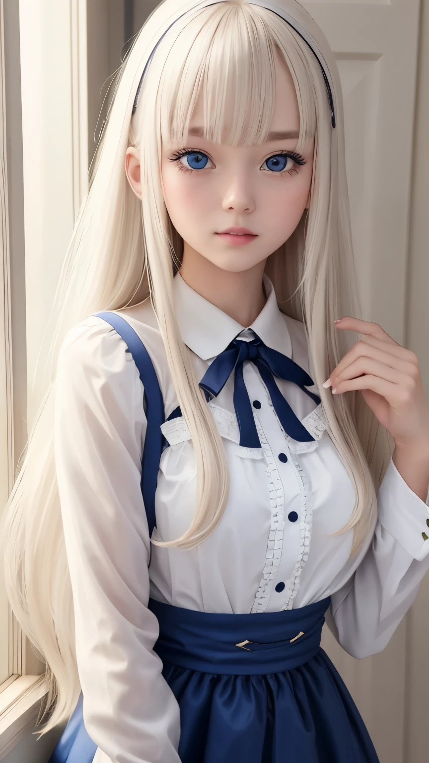bright look、photorealism、highest quality、Super high resolution、picture、Photo of an exquisitely beautiful Scandinavian girl、extraordinary beautiful girl、cute and beautiful face details、(Pueros face_v1:0.008)、beautiful bangs、alice in wonderland、18-year-old、Shining white skin、hair run that extends to the face、bangs between the eyes、super long hair、Attractive light and dark platinum blonde super long straight silky hair、thin hair、Charming shining beautiful bright clear light blue big eyes、white apron、yellow dress、eyeliner、double eyelid、rich bust