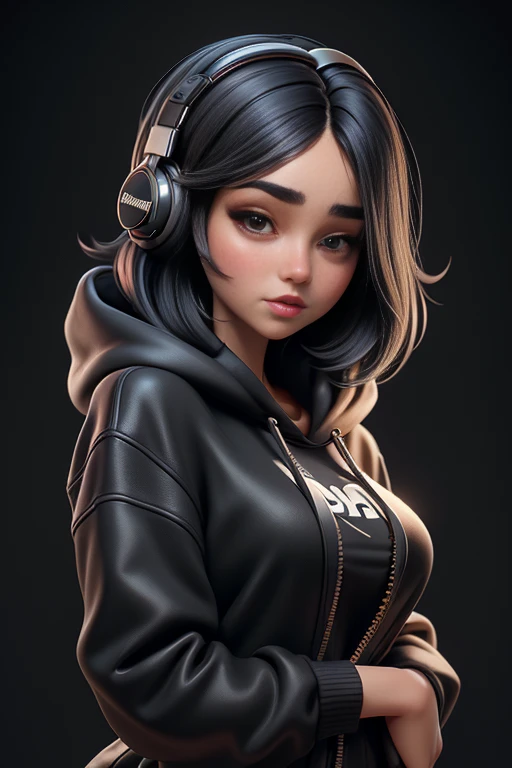 ((Best quality)), ((masterpiece)), ((realistic)) and ultra-detailed photography of a 1 sexy girl with black headphones. She has ((black hair)), is wearing an black oversized hoodie, and exudes a ((beautiful, aesthetic and horny)) vibe.