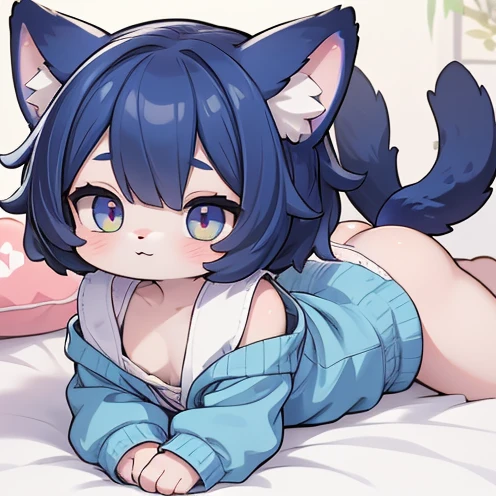 a boy with furry ears,body and tail, 被姐姐打屁股,kneel and kneel,playfully lying on her bed, her round buttocks raised up and facing backwards, giving a playful look over her shoulder. She has a shy expression on her face with large expressive eyes and a cute small nose. Her paws are visible and add to the adorable appeal.