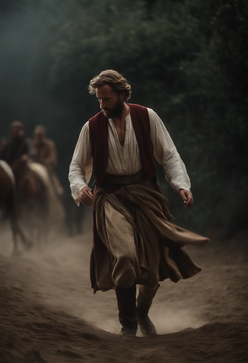 a man in clothing from the times of the apostles falling from a horse to the ground