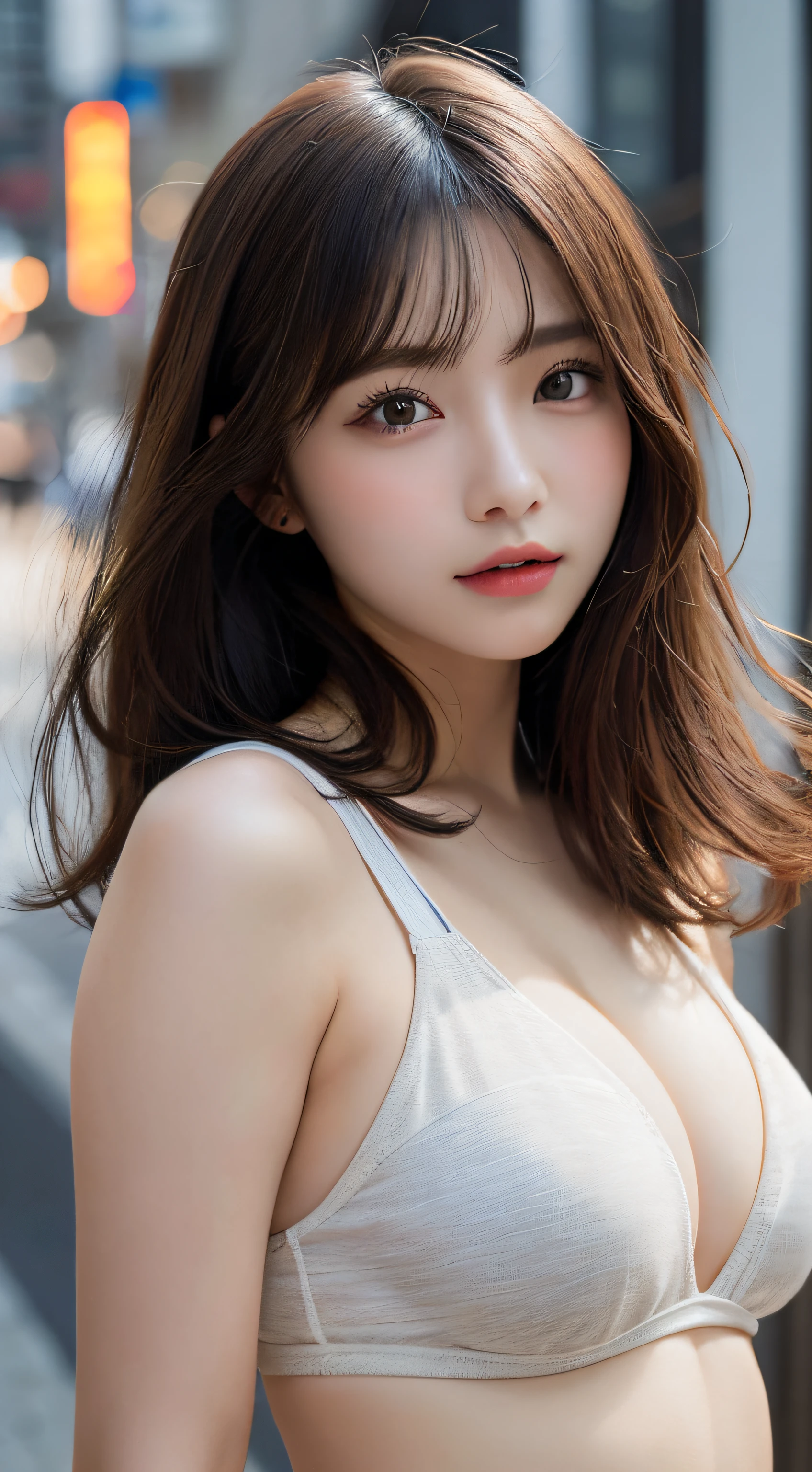 finely detail, hight resolution, hightquality、Perfect dynamic composition, Beautiful detailed eyes, Medium Hair,Natural Color Lip,Kamimei、Shibuya、20 years girl、1 persons、Transparent skin、Glowing hair、masutepiece, Best Quality, Illustration, Ultra-detailed, finely detail, hight resolution, 8K、The correct state of the human body、randome pose、Gravure Model Pose,Hair soaring in the wind、Underwear,length hair,Big Tits,gigantic cleavage breasts, Bold sexy poses,Colossal tits、up of face