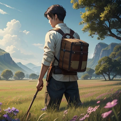 High resolution, Super detailed, masterpiece, highest quality,oriental、Thrift、boy working in the field、grassland、back basket、Front-facing、game poster、