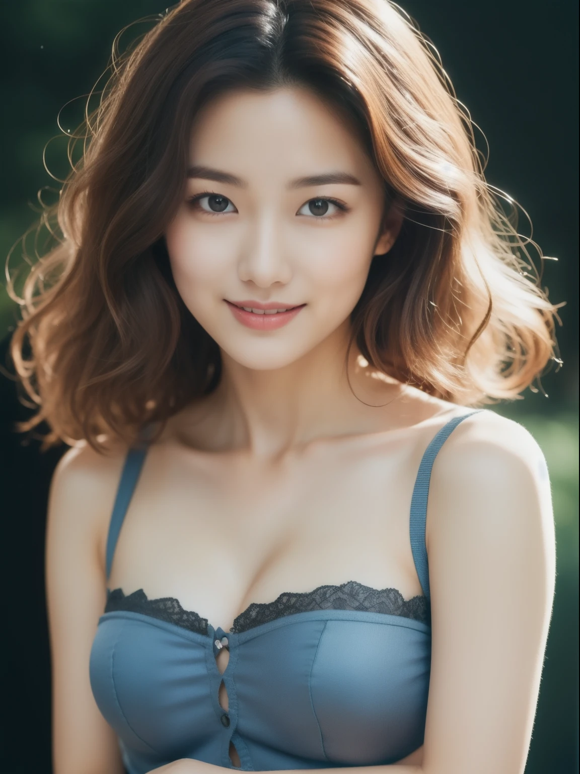 beautiful 25 year old woman。She is wearing a tight camisole of light blue-gray satin fabric。Black lace on chest and hem.。sweet smile。her dark brown hair、、her hair is long and curly。she has one hand on her chest. High resolution、masterpiece、highest quality、head w:1.4、((Hasselblad Photos))、fine skin、fine knit、(movie lighting)、clavicle