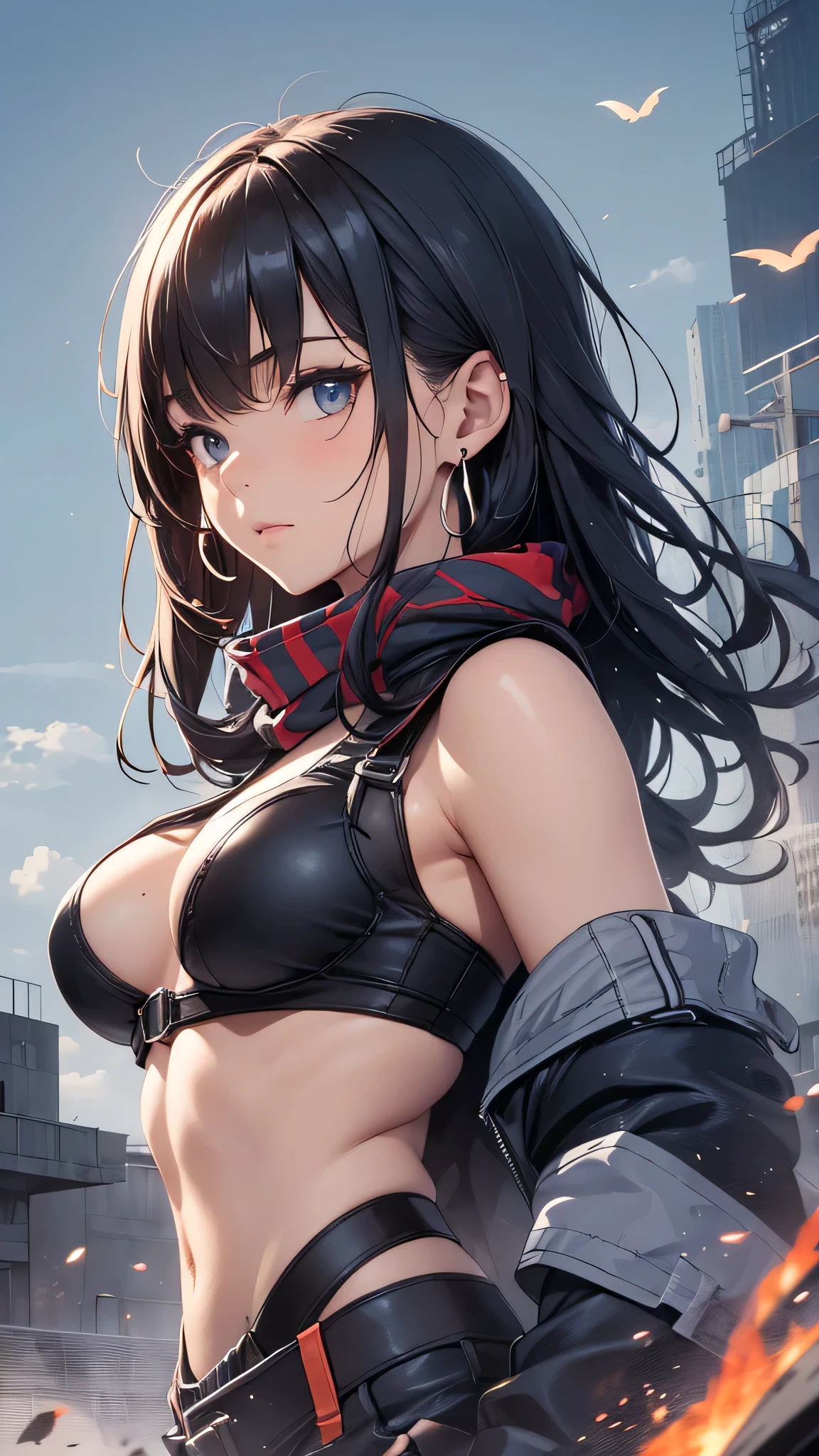 最high quality、best image quality、masterpiece、age girl((18-year-old、 By becoming、vest bust、medium bust,wide open breast tea、black eye, black hair、long hair、thin,highest valley、Perforated gloves、blue earrings、bandana、black stretch work clothes、There is a spanner、The whole body is coated with charcoal)),high quality、beautiful art、background((fighter jet、hangar)),debris flies、Depth of written boundary、movie、visual art、perfect art、8K,genuine