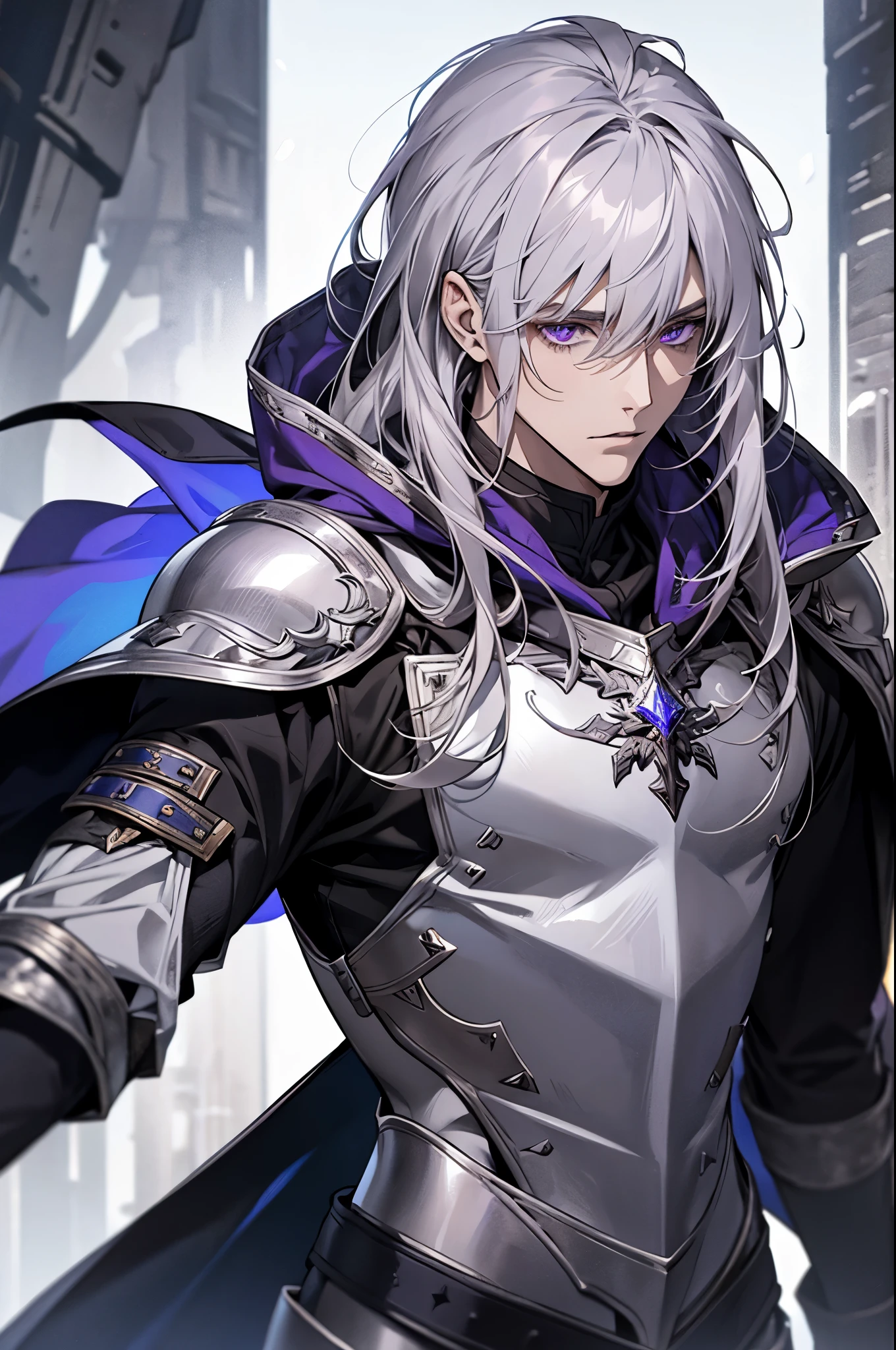 male, messy silver long length hair with bangs, purple eyes, adult face, adult, white hood and shroud, bare torso with pauldron armor, thin lean and handsome, fantasy, sorcerer, see the whole body