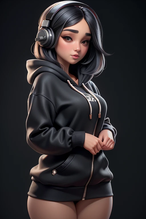 ((Best quality)), ((masterpiece)), ((realistic)) and ultra-detailed photography of a 1 sexy girl with black headphones. She has ((black hair)), is wearing an black oversized hoodie, and exudes a ((beautiful, aesthetic and horny)) vibe.