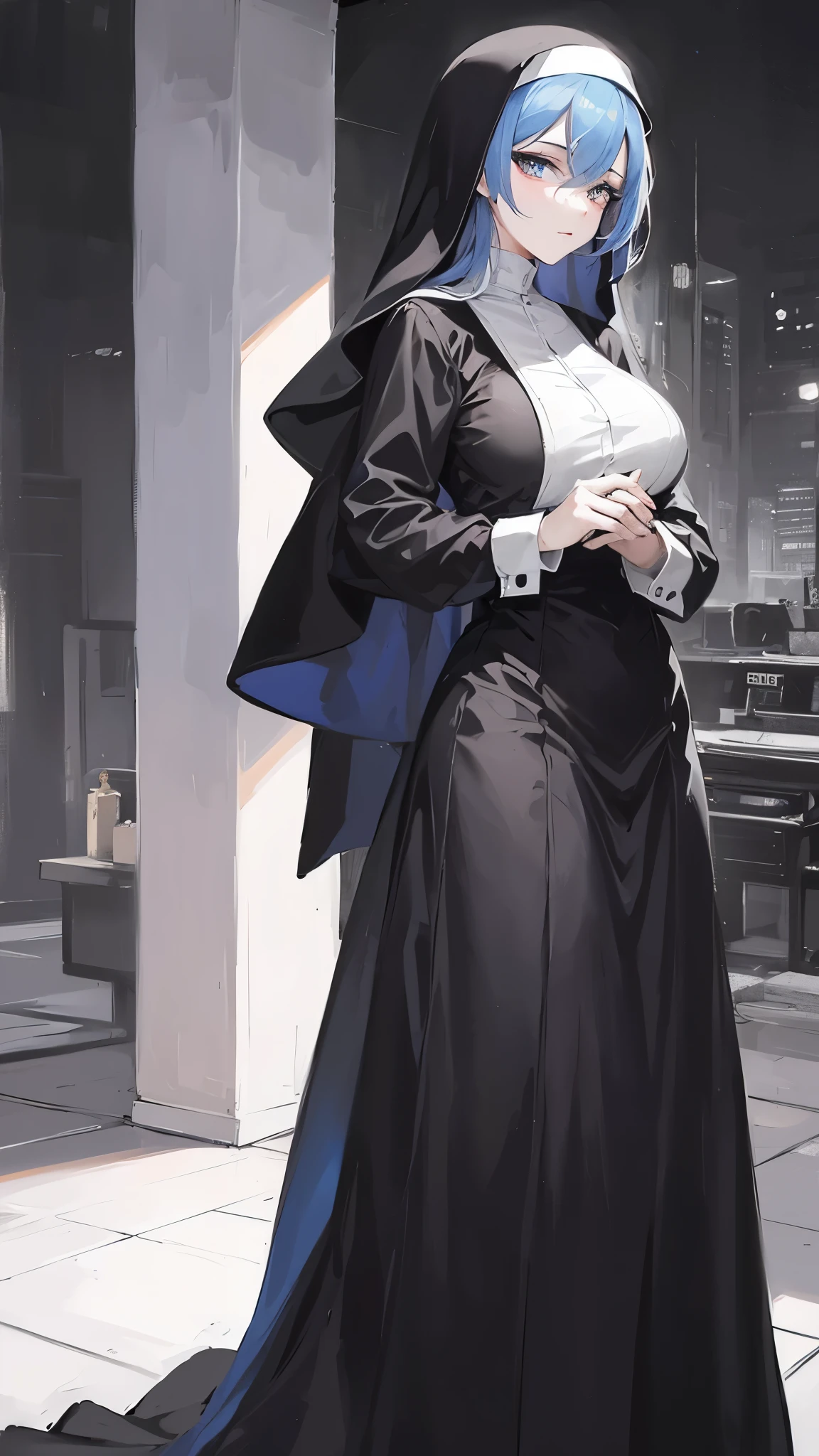masterpiece, high definition, PERFECT FACE, anime - style image of a blue haired woman in a black nun outfit, elegant nun girl, utopia, mature and lady, smug face, from girls frontline, artwork in the style of guweiz, , background art, lighting, PERFECT EYES, looking at viewer