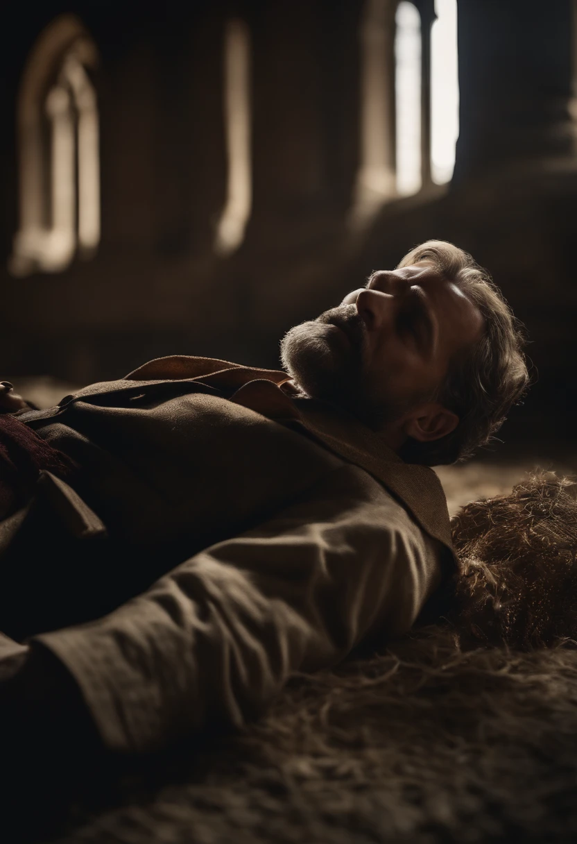 a man dressed from the times of the apostles lying on the ground
