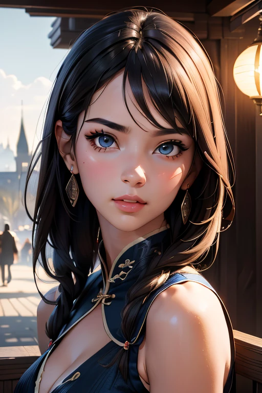 (masterpiece, best quality, highest detailed), highly detailed, photorealistic:. 1.4, UHD, trending on artstation, cute face, most beautiful in the world, long dark hair, Portrait, (huge ), sky blue Chinese dress sleeveless, sexy figure, sexy pose, seductive body, 