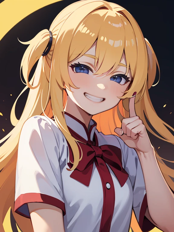 (masterpiece, high quality, high resolution, absurd, super detailed, 8k),Girl, (point to your cheek with your index finger)、(exact number of fingers)、upper body、smiley face, grinning