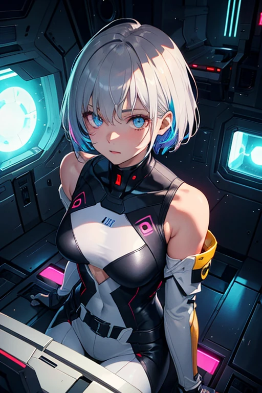 high resolution, highest quality, illustration,  Super detailed, (Detailed face), (delicate eyes), Cinema lighting, best quality, Super detailed, masterpiece, 1 girl, alone, gray eyes, short hair, multi color hair, asymmetrical hair, belt, jacket, Off the shoulders, bodysuit, Detached sleeves, Hip vents, glowing eyes, medium breasts, (rich and colorful), Upper body, from above, sitting, looking at the audience, indoors, Inside the spaceship, futuristic, window 