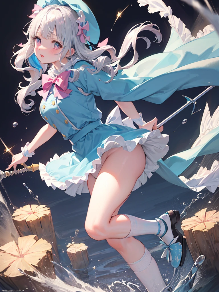 photo realistic, (masterpiece,best quality:1.4),(8k,raw photo,photo realistic:1.2),Not Safe for Work, detailed skin,detailed face,1girl,princess, cute face, super resolution,retro realistic details Illustration,,{{{elaborate,intricately,fantastic,delicately,tremendous,meticulous,minute,incredibly,obsessed,artisan's,subtle,virtuoso,skillful,vibrant, vivid, complex}}}, clearly focus edge, fresh natural gradation, best quality, amazing quality, very aesthetic, absurdres,
pubisure,
(((Blue school uniform))), mini frilled skirt, (frilled panties), happy, (White beret,Comes with a blue bow), (Spear with oversized blade),
(((Very massive and heavy spear))), , (((jumping,skirt-lift))), medium bob, ((silver hair)), ((wavy hair)), shimmering eyes, Pink eyes, , yo,(((cape))),((Blue the Bow)), Puffy Sleeves, Bangss, shortsleeves, ((Blue bow ribbon)),(White frilled apron), flat chest, beautiful hands, neck ribbon, wristband, arm garter, baby fatwinkle in the eye, braided bangs, ((frilled ankle socks)), (((Holding a magic spear))), (((high tops))), mary janes, Heart necklace, ring, masterpiece, top-quality, not safe for work,
yumekawa,yumekawaii,pastel color,(wonderland:1.3),imagination, ((splashing)), ((ripples)), splashing water, heart background, (water-color),((Multicolored lights)), (((trading card))),