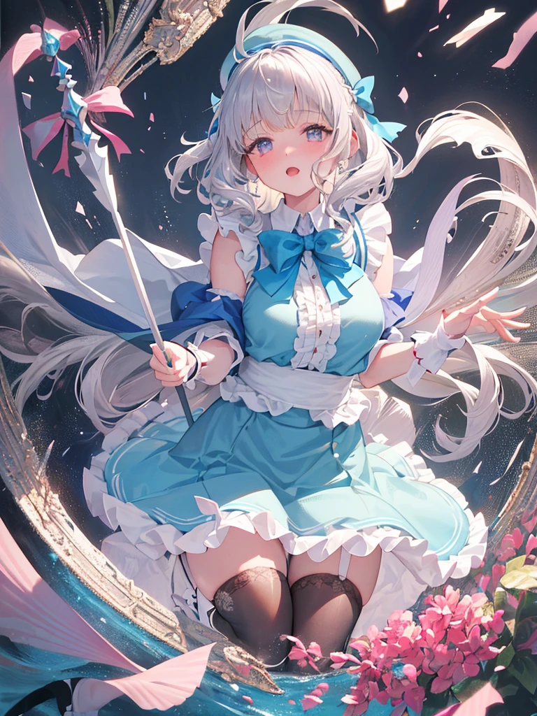 photo realistic, (masterpiece,best quality:1.4),(8k,raw photo,photo realistic:1.2),Not Safe for Work, detailed skin,detailed face,1girl,princess, cute face, super resolution,retro realistic details Illustration,,{{{elaborate,intricately,fantastic,delicately,tremendous,meticulous,minute,incredibly,obsessed,artisan's,subtle,virtuoso,skillful,vibrant, vivid, complex}}}, clearly focus edge, fresh natural gradation, best quality, amazing quality, very aesthetic, absurdres,
pubisure,
(((Blue school uniform))), mini frilled skirt, (frilled panties), happy, (White beret,Comes with a blue bow), (Spear with oversized blade),
(((Very massive and heavy spear))), , (((jumping,skirt-lift))), medium bob, ((silver hair)), ((wavy hair)), shimmering eyes, Pink eyes, , 12 yo,(((cape))),((Blue the Bow)), Puffy Sleeves, Bangss, shortsleeves, ((Blue bow ribbon)),(White frilled apron), flat chest, beautiful hands, neck ribbon, wristband, arm garter, baby face, twinkle in the eye, braided bangs, ((frilled ankle socks)), (((Holding a magic spear))), (((high tops))), mary janes, Heart necklace, ring, masterpiece, top-quality, not safe for work,
yumekawa,yumekawaii,pastel color,(wonderland:1.3),imagination, ((splashing)), ((ripples)), splashing water, heart background, (water-color),((Multicolored lights)), (((trading card))),