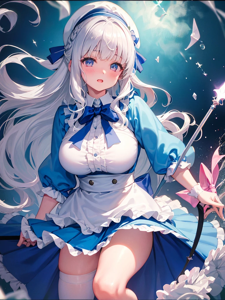 photo realistic, (masterpiece,best quality:1.4),(8k,raw photo,photo realistic:1.2),Not Safe for Work, detailed skin,detailed face,1girl,princess, cute face, super resolution,retro realistic details Illustration,,{{{elaborate,intricately,fantastic,delicately,tremendous,meticulous,minute,incredibly,obsessed,artisan's,subtle,virtuoso,skillful,vibrant, vivid, complex}}}, clearly focus edge, fresh natural gradation, best quality, amazing quality, very aesthetic, absurdres,
pubisure,
(((Blue school uniform))), mini frilled skirt, (frilled panties), happy, (White beret,Comes with a blue bow), (Spear with oversized blade),
(((Very massive and heavy spear))), , (((jumping,skirt-lift))), medium bob, ((silver hair)), ((wavy hair)), shimmering eyes, Pink eyes, , yo,(((cape))),((Blue the Bow)), Puffy Sleeves, Bangss, shortsleeves, ((Blue bow ribbon)),(White frilled apron), flat chest, beautiful hands, neck ribbon, wristband, arm garter, baby fatwinkle in the eye, braided bangs, ((frilled ankle socks)), (((Holding a magic spear))), (((high tops))), mary janes, Heart necklace, ring, masterpiece, top-quality, not safe for work,
yumekawa,yumekawaii,pastel color,(wonderland:1.3),imagination, ((splashing)), ((ripples)), splashing water, heart background, (water-color),((Multicolored lights)), (((trading card))),