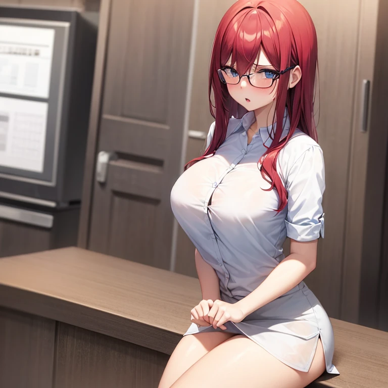 (woman), blush, Ahegao, white skin, smooth white thighs, Sheer blouse, tight mini skirt, red hair、wearing glasses, beautiful face, chest, sweating, sexy, highest quality,8K quality,stand pose, (background: In front of the desk in the office)