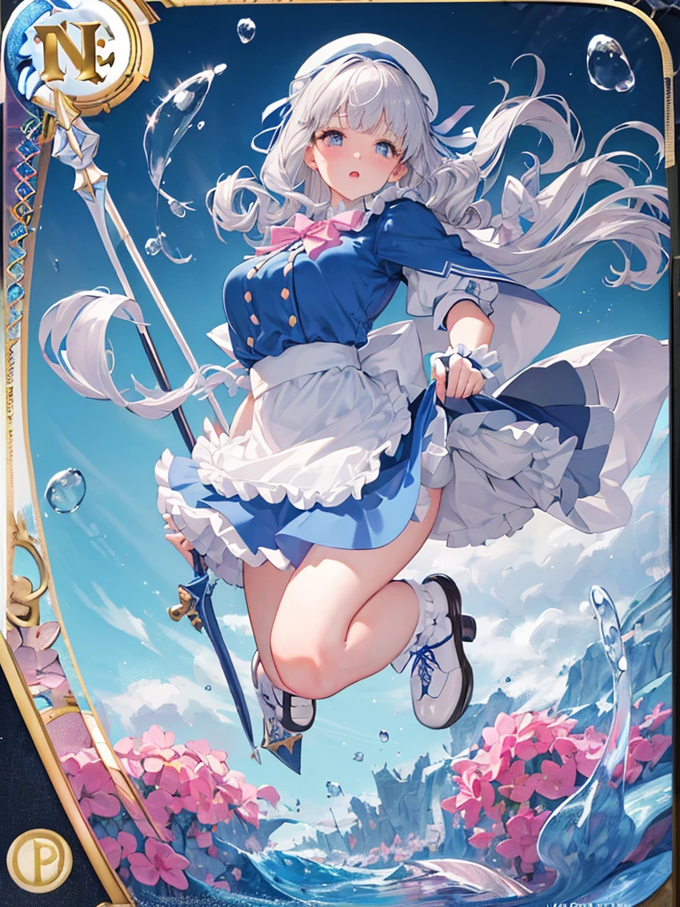 photo realistic, (masterpiece,best quality:1.4),(8k,raw photo,photo realistic:1.2),Not Safe for Work, detailed skin,detailed face,1girl,princess, cute face, super resolution,retro realistic details Illustration,,{{{elaborate,intricately,fantastic,delicately,tremendous,meticulous,minute,incredibly,obsessed,artisan's,subtle,virtuoso,skillful,vibrant, vivid, complex}}}, clearly focus edge, fresh natural gradation, best quality, amazing quality, very aesthetic, absurdres,
pubisure,
(((Blue school uniform))), mini frilled skirt, (frilled panties), happy, (White beret,Comes with a blue bow), (Spear with oversized blade),
(((Very massive and heavy spear))), , (((jumping,skirt-lift))), medium bob, ((silver hair)), ((wavy hair)), shimmering eyes, Pink eyes, , 12 yo,(((cape))),((Blue the Bow)), Puffy Sleeves, Bangss, shortsleeves, ((Blue bow ribbon)),(White frilled apron), flat chest, beautiful hands, neck ribbon, wristband, arm garter, baby face, twinkle in the eye, braided bangs, ((frilled ankle socks)), (((Holding a magic spear))), (((high tops))), mary janes, Heart necklace, ring, masterpiece, top-quality, not safe for work,
yumekawa,yumekawaii,pastel color,(wonderland:1.3),imagination, ((splashing)), ((ripples)), splashing water, heart background, (water-color),((Multicolored lights)), (((trading card))),