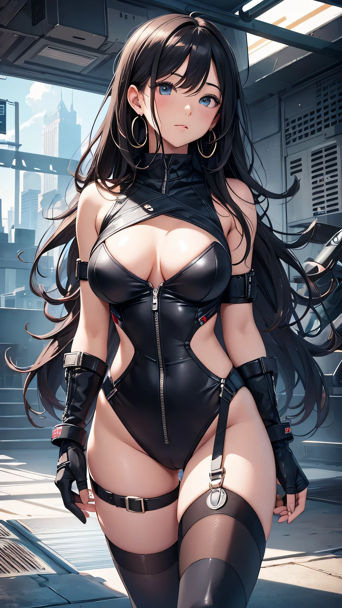 最high quality、best image quality、masterpiece、age girl((18-year-old、 By becoming、vest bust、medium bust,wide open breast tea、black eye, black hair、long hair、thin,highest valley、Perforated gloves、blue earrings、bandana、black stretch work clothes、There is a spanner、the whole body gets dirty)),high quality、beautiful art、background((fighter jet、hangar)),debris flies、Depth of written boundary、movie、visual art、perfect art、8K,genuine