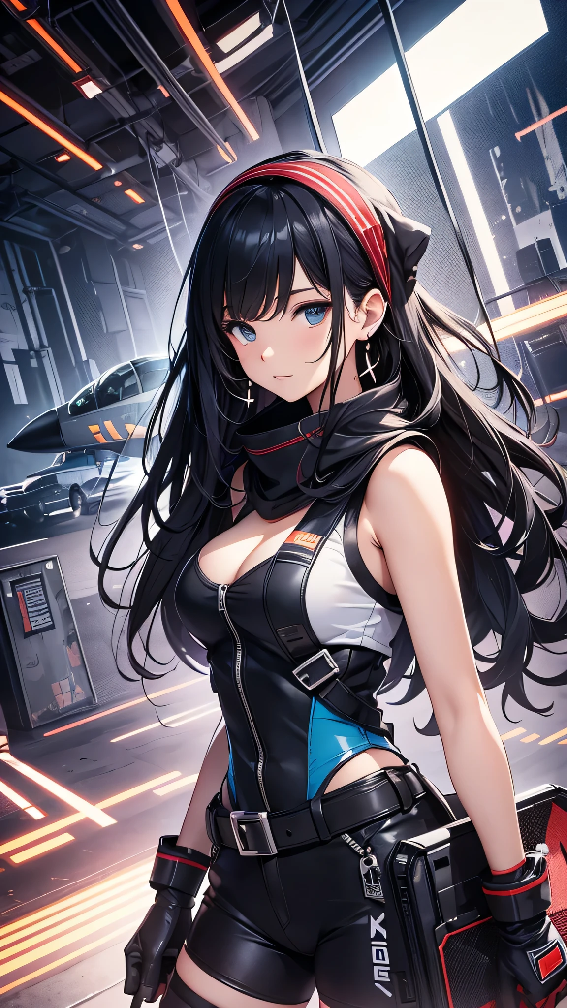 最high quality、best image quality、masterpiece、age girl((18-year-old、 By becoming、vest bust、medium bust,wide open breast tea、black eye, black hair、long hair、thin,highest valley、Perforated gloves、blue earrings、bandana、black stretch work clothes、There is a spanner、the whole body gets dirty)),high quality、beautiful art、background((fighter jet、hangar)),debris flies、Depth of written boundary、movie、visual art、perfect art、8K,genuine