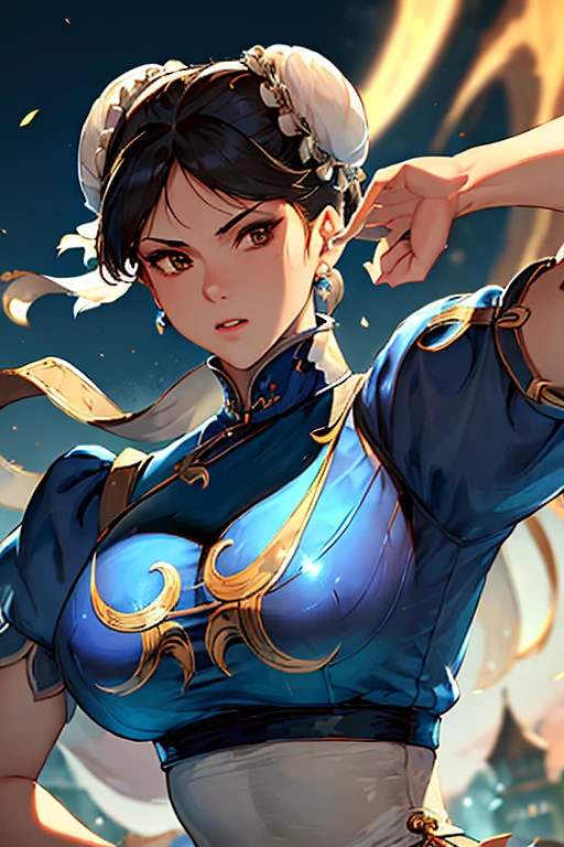 ((masterpiece,best quality)),1 girl,alone,ChunLi,Upper body,Beautiful night street background