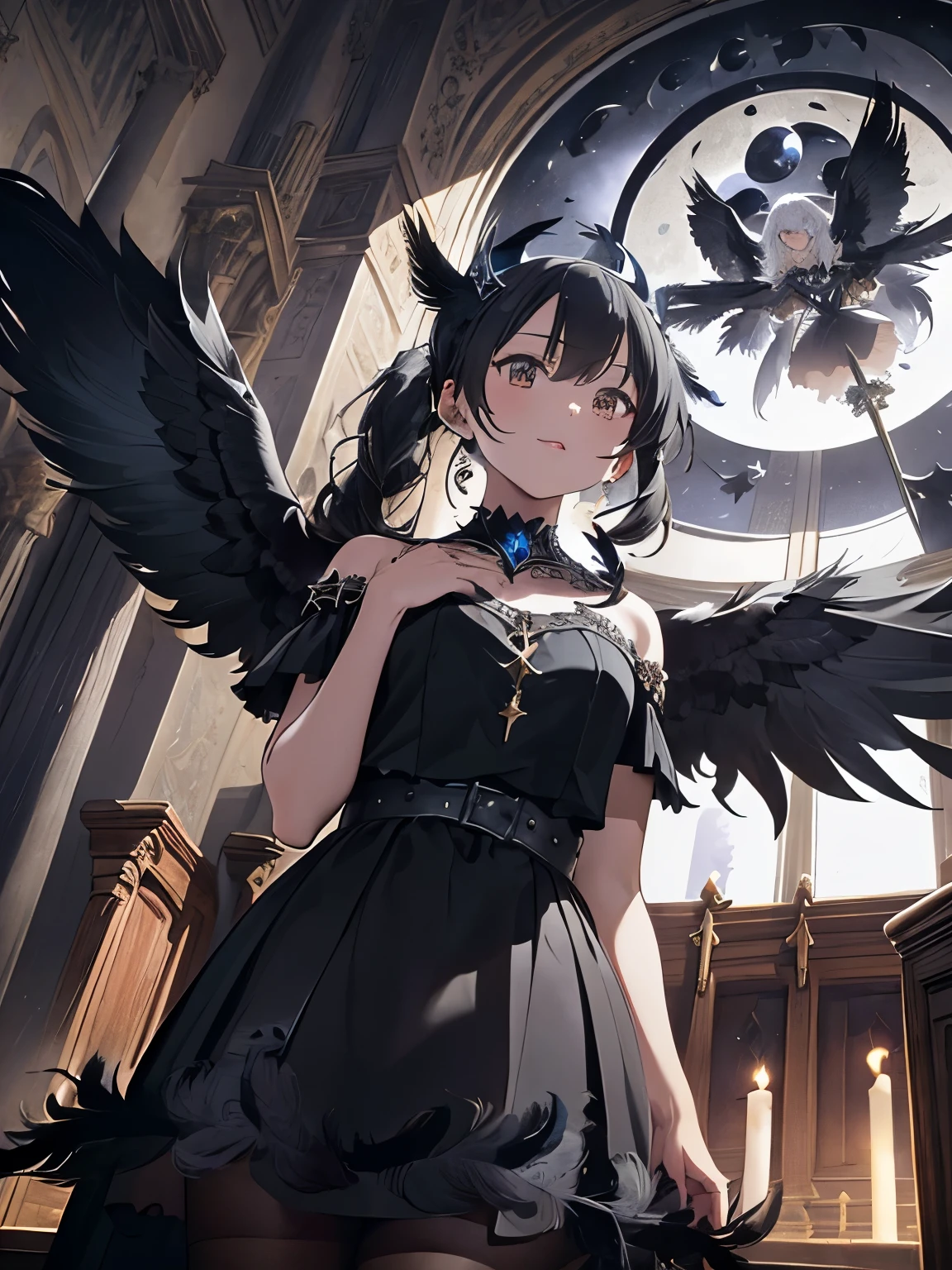 (fallen Angel),(A luxurious church with a majestic atmosphere:1.25),(A large amount of black feathers are flying:1.3),(Spread your wings and stand in the center:1.25),(perspective from below:1.3),(influence),(moonlight shines in:1.5)