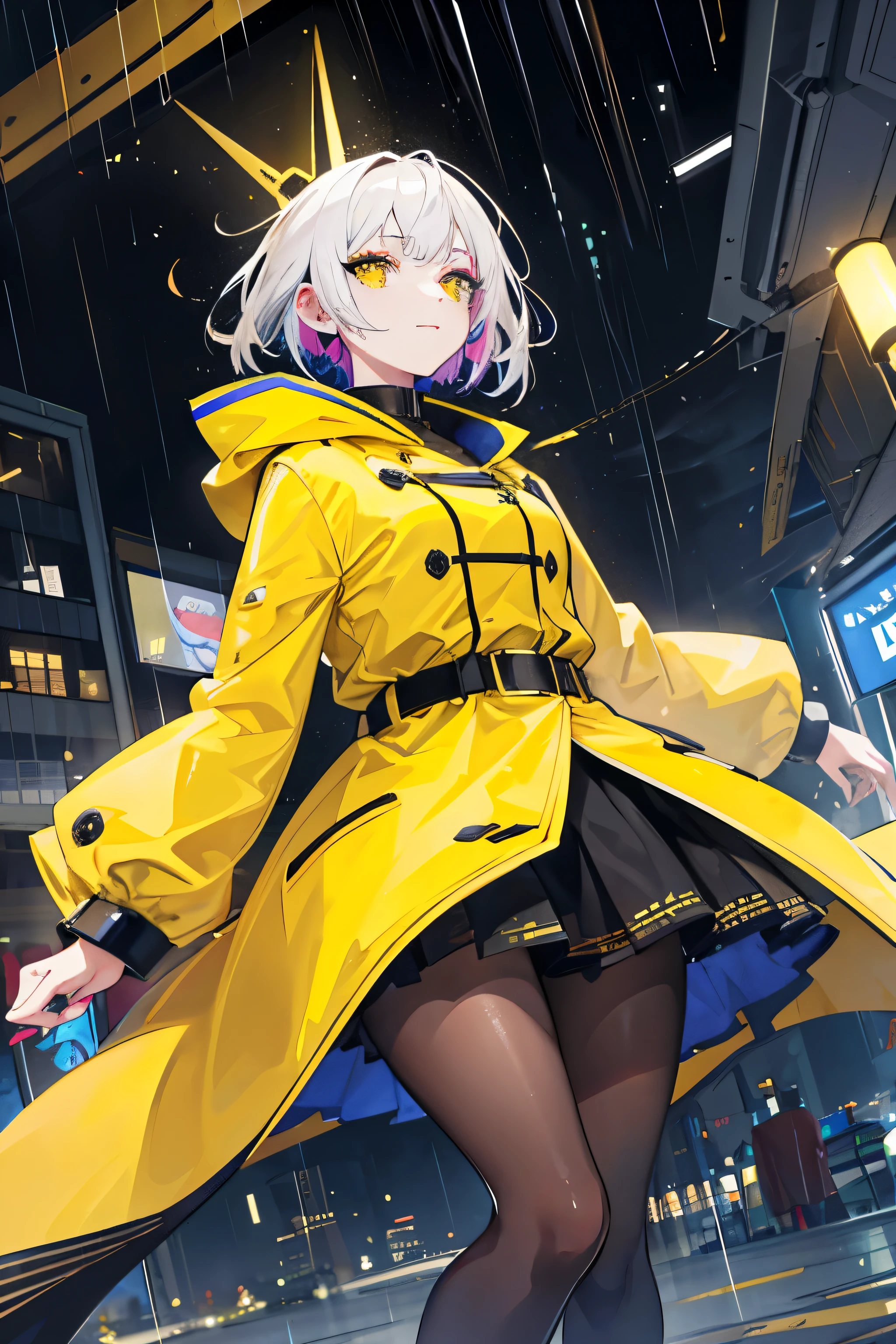 1girl, with vibrant makeup, in a night city covered in heavy rain, wearing an elegant yellow coat, looking up with a confident expression.