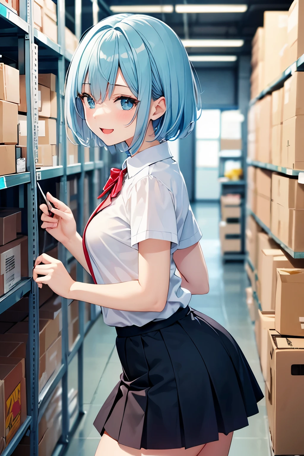 "Create a high-quality anime illustration featuring a cheerful and cute girl with a bright smile. She has silver short hair with a hint of light blue at the nape and striking aqua blue eyes. Her outfit is a with a skirt. The background should depict her doing something secretive inside a warehouse. The image should be a close-up shot."