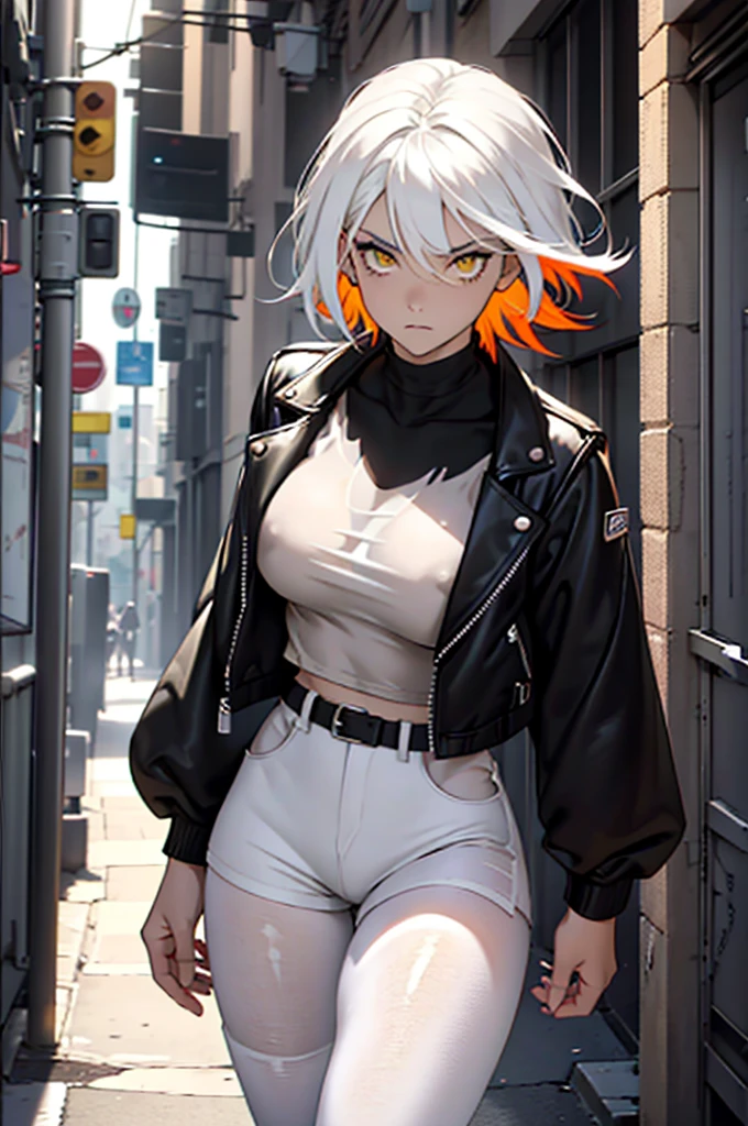 ((multicolored hair, black hair, white hair)),cabelo colorido, cabelo branco e preto colorido 1 girl, two-tone hair, black on top, white on bottom 1 gilr, ,perfect anatomy girl muscular girl toned body girl large breasts girl thick girl angry girl best quality girl black hair girl yellow eyes girl pale girl pale girl,beautiful woman brunette, muscular, wearing short leggings withe, black tights, short hair, beautiful eyes, beautiful, yellow eyes, white shirt, black leather jacket, shorts, short white leggings, dark alley city black pantyhose, two-tone hair, black on top, white on bottom