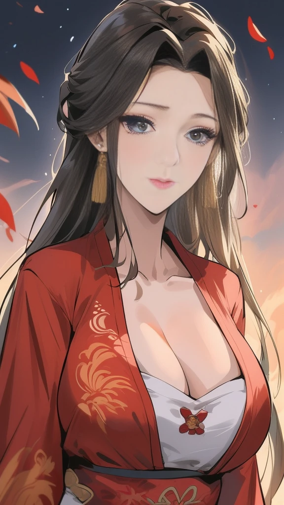 "the Extremely Detailed CG Unity 8K Wallpapers，tmasterpiece，Best picture quality，【😊Colored Forest，depth of fields，A large number of splashed droplets:1.2，petals，Toys surround，ventania，Foliage，grassy fields，volumettic light】brunette color hair，chineseidol，Be red in the face，Hanfu，ssmile，Half of your body is in water，Chinese style Hanfu，Air bangs，closeup cleavage，mature woman, (mature female:1.2),