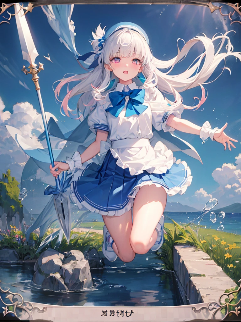 photo realistic, (masterpiece,best quality:1.4),(8k,raw photo,photo realistic:1.2),Not Safe for Work, detailed skin,detailed face,1girl,princess, cute face, super resolution,retro realistic details Illustration,,{{{elaborate,intricately,fantastic,delicately,tremendous,meticulous,minute,incredibly,obsessed,artisan's,subtle,virtuoso,skillful,vibrant, vivid, complex}}}, clearly focus edge, fresh natural gradation, best quality, amazing quality, very aesthetic, absurdres,
pubisure,
(((Blue school uniform))), mini frilled skirt, (frilled panties), happy, (White beret,Comes with a blue bow), (((The sacred weapon of thelong-handled spear of magical splashing))), (((jumping,skirt-lift))), medium bob, ((silver hair)), ((wavy hair)), shimmering eyes, Pink eyes, , 12 yo,(((cape))),((Blue the Bow)), Puffy Sleeves, Bangss, shortsleeves, ((Blue bow ribbon)),(White frilled apron), flat chest, beautiful hands, neck ribbon, wristband, arm garter, baby face, twinkle in the eye, braided bangs, ((frilled ankle socks)), (((Holding a magic spear))), (((high tops))), mary janes, Heart necklace, ring, masterpiece, top-quality, not safe for work,
yumekawa,yumekawaii,pastel color,(wonderland:1.3),imagination, ((splashing)), ((ripples)), splashing water, heart background, (water-color),((Multicolored lights)), (((trading card))),