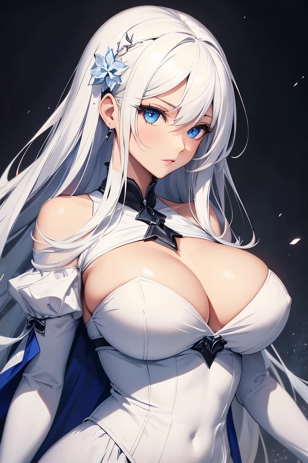 Beautiful girl, white hair, blue eyes, white dress, big breasts,