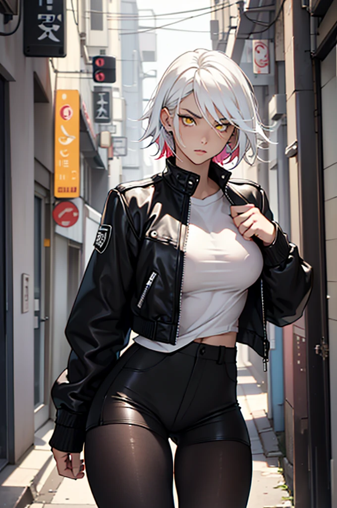 ((multicolored hair, black hair, white hair)),cabelo colorido, cabelo branco e preto colorido 1 girl, two-tone hair, black on top, white on bottom 1 gilr, ,perfect anatomy girl muscular girl toned body girl large breasts girl thick girl angry girl best quality girl black hair girl yellow eyes girl pale girl pale girl,beautiful woman brunette, muscular, wearing short leggings withe, black tights, short hair, beautiful eyes, beautiful, yellow eyes, white shirt, black leather jacket, shorts, short white leggings, dark alley city black pantyhose, two-tone hair, black on top, white on bottom,((ultra detalhes))
