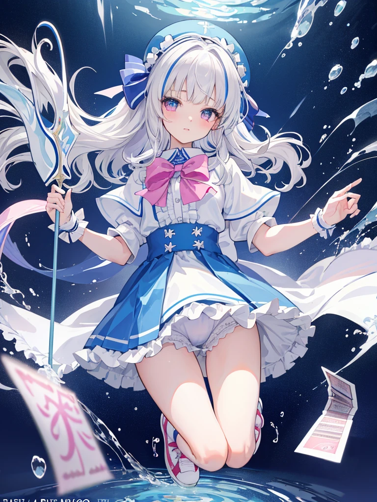 photo realistic, (masterpiece,best quality:1.4),(8k,raw photo,photo realistic:1.2),Not Safe for Work, detailed skin,detailed face,1girl,princess, cute face, super resolution,retro realistic details Illustration,,{{{elaborate,intricately,fantastic,delicately,tremendous,meticulous,minute,incredibly,obsessed,artisan's,subtle,virtuoso,skillful,vibrant, vivid, complex}}}, clearly focus edge, fresh natural gradation, best quality, amazing quality, very aesthetic, absurdres,
pubisure,
(((Blue school uniform))), mini frilled skirt, (frilled panties), happy, (White beret,Comes with a blue bow), (((The sacred weapon of thelong-handled spear of magical splashing))), (((jumping,skirt-lift))), medium bob, ((silver hair)), ((wavy hair)), shimmering eyes, Pink eyes, , 12 yo,(((cape))),((Blue the Bow)), Puffy Sleeves, Bangss, shortsleeves, ((Blue bow ribbon)),(White frilled apron), flat chest, beautiful hands, neck ribbon, wristband, arm garter, baby face, twinkle in the eye, braided bangs, ((frilled ankle socks)), (((Holding a magic spear))), (((high tops))), mary janes, Heart necklace, ring, masterpiece, top-quality, not safe for work,
yumekawa,yumekawaii,pastel color,(wonderland:1.3),imagination, ((splashing)), ((ripples)), splashing water, heart background, (water-color),((Multicolored lights)), (((trading card))),