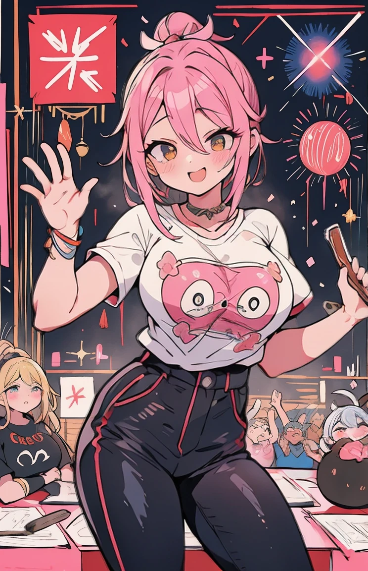 camiseta preta、pink leather pants、senhora adulta、(busto enorme)、Local do Festival、Many women are gathered here、corpo inteiro Esbian、Parece feliz、celebration、banzai、Sorriso gentil、Mulheres lindas、fundos lindos、{{{melhor qualidade}}}, {{ultra-detalhado}}, {illustration},{{{obra de arte}}},