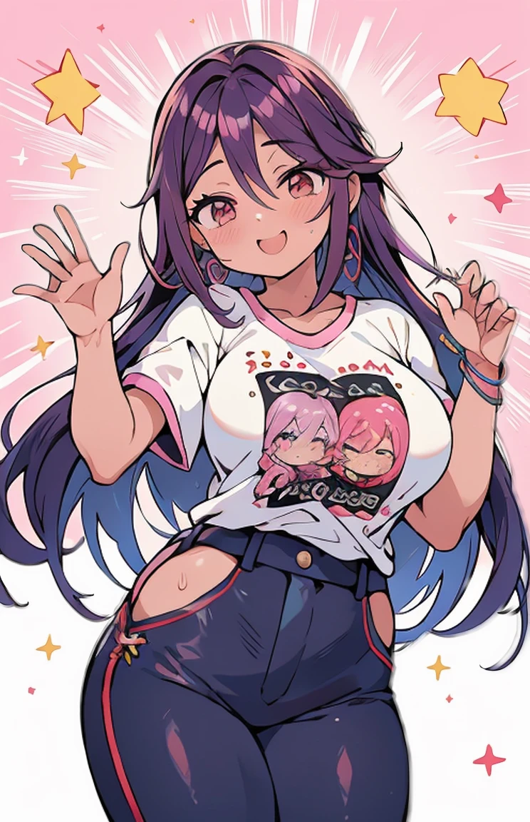 camiseta preta、pink leather pants、senhora adulta、(busto enorme)、Local do Festival、Many women are gathered here、corpo inteiro Esbian、Parece feliz、celebration、banzai、Sorriso gentil、Mulheres lindas、fundos lindos、{{{melhor qualidade}}}, {{ultra-detalhado}}, {illustration},{{{obra de arte}}},