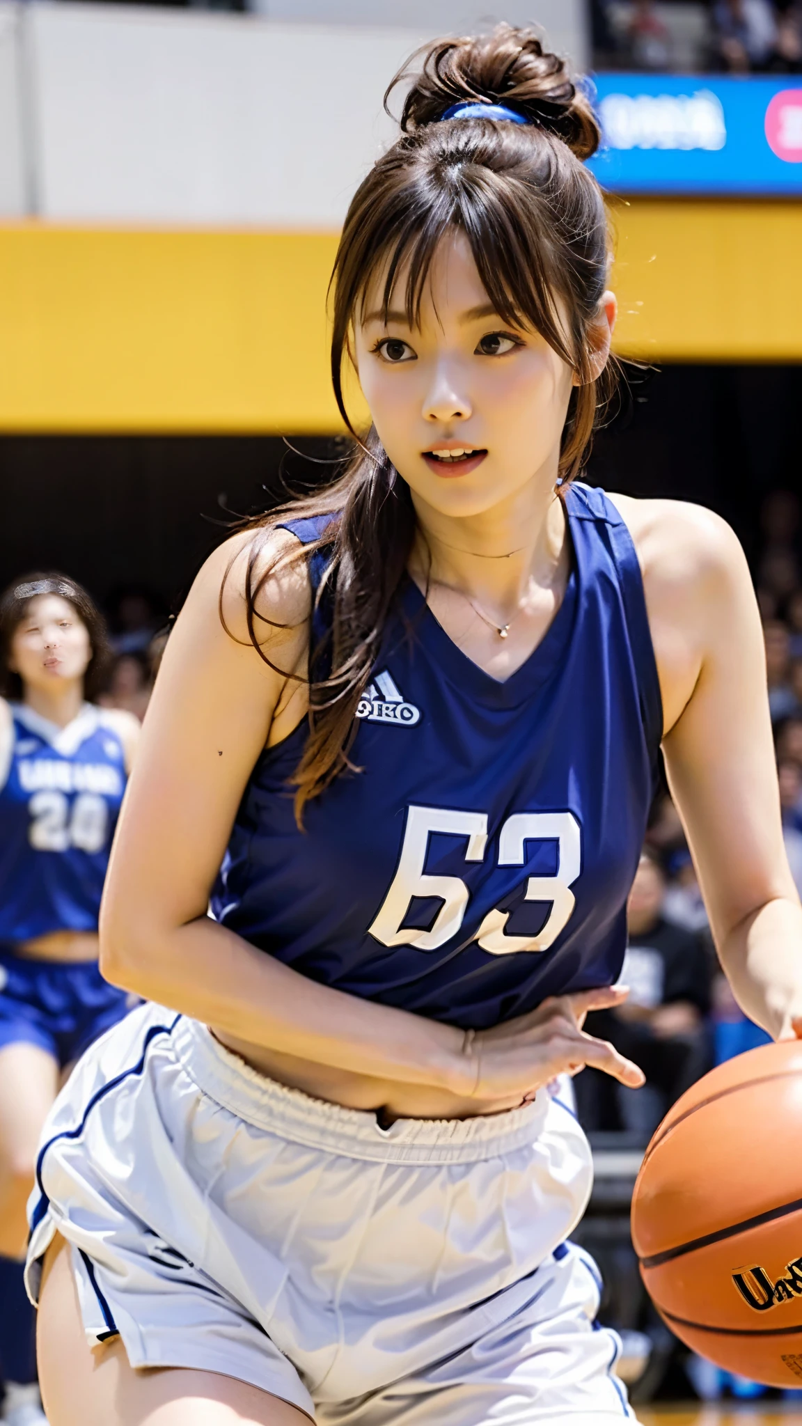 Woman playing basketball(basket_uniform:1.Wearing 3)、Blue and black uniform、
Good Hand、4K、hight resolution、​masterpiece、top-quality、headw:1.3、((Hasselblad photo))、Fine skin、Sharp Focus、(电影灯光)、natta、Soft lighting、dynamic ungle、[:(详细的脸:1.2):0.2],(((Inside_basketball_field)))、((Large,breasts:1.6))、so that the skin of the chest is not visible、