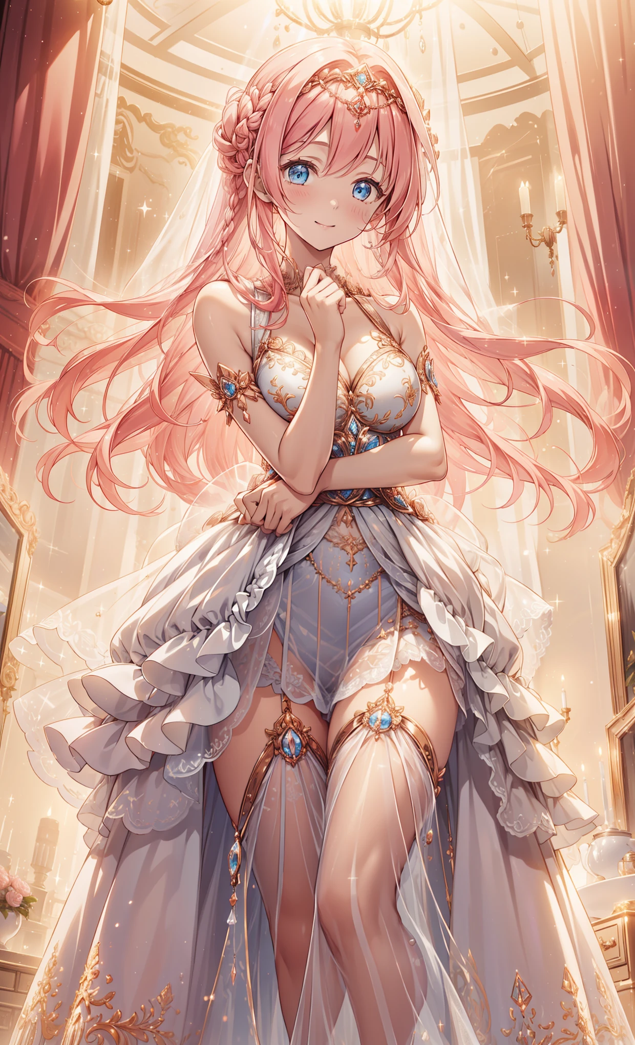 (best quality, high resolution, textured skin, high quality, high detail,Extremely detailed CG unification), girl，obsessed，Divine happiness，in love，having fun，(Heavenly Maxi and Ballgown Combinations)，pink hair，blue eyes，(Fabric headdress)，Minimalism，multi-layered ruffles，lace，delicate embroidery，Exquisite pattern，Fabric headdress，dress nicely，sheer transparent clothes，bedroom，sparkling，(Appearing to be covered by a transparent skirt:1.1)，light，night，the only person，fluttering skirt，Exquisite and beautiful face，dynamic angle